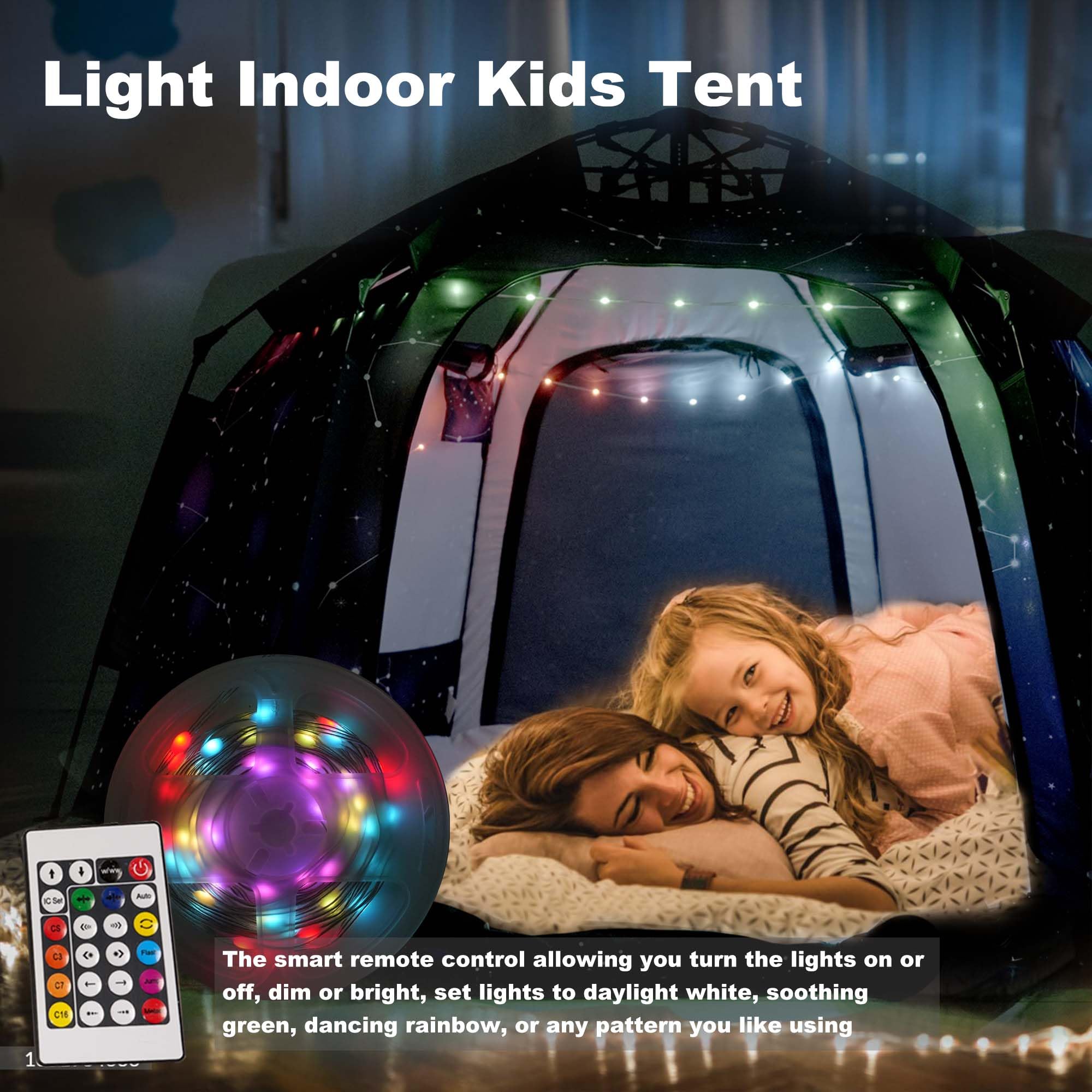 Portable Hexagon Kids Play Tent with LED Strip Lights Indoor Children Play House Easy Set-up Space Dream Tent for Night.4-5 Person Large Tents & Birthday Gifts