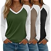 Baggyfly 3 Pack Women's V Neck Long Sleeve Shirts, Raglan Color Block Tees Baseball Style Loose Casual Tops