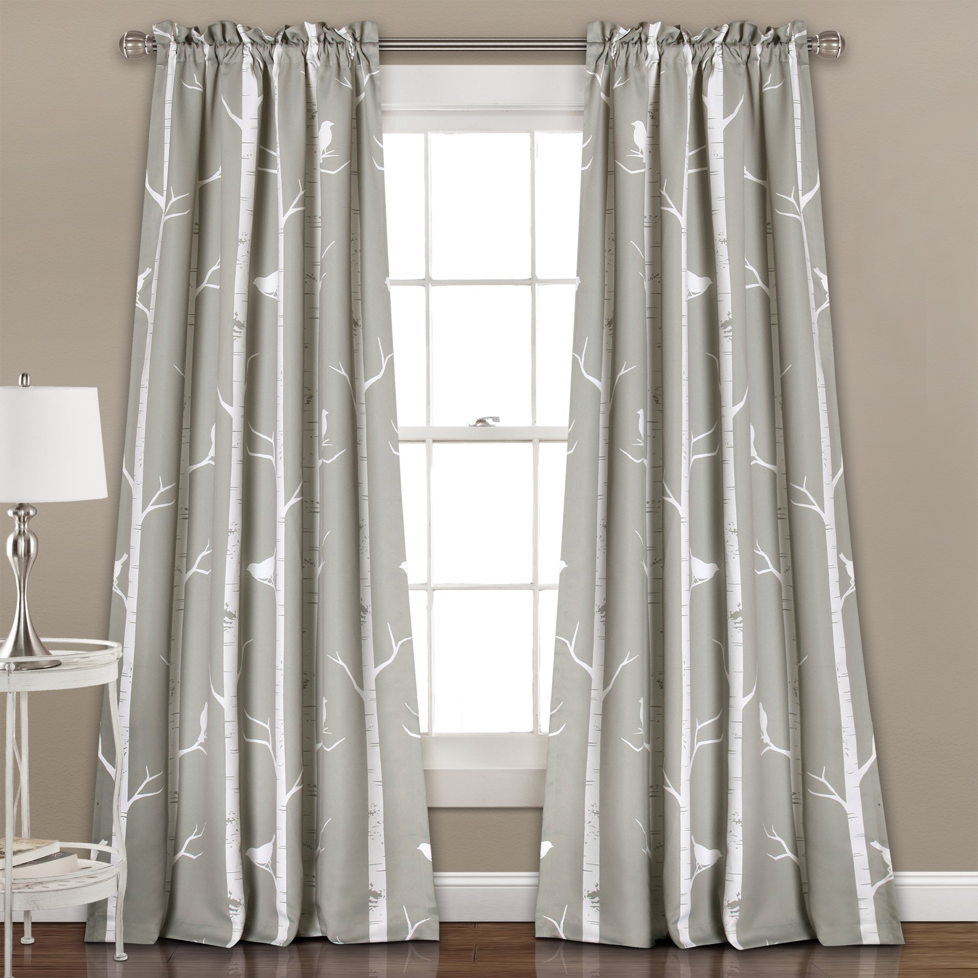 Lush Décor Bird on The Tree Curtains Light Filtering Window Set for Living, Dining, Bedroom, 84 in L Panel Pair, Gray, 2 Count