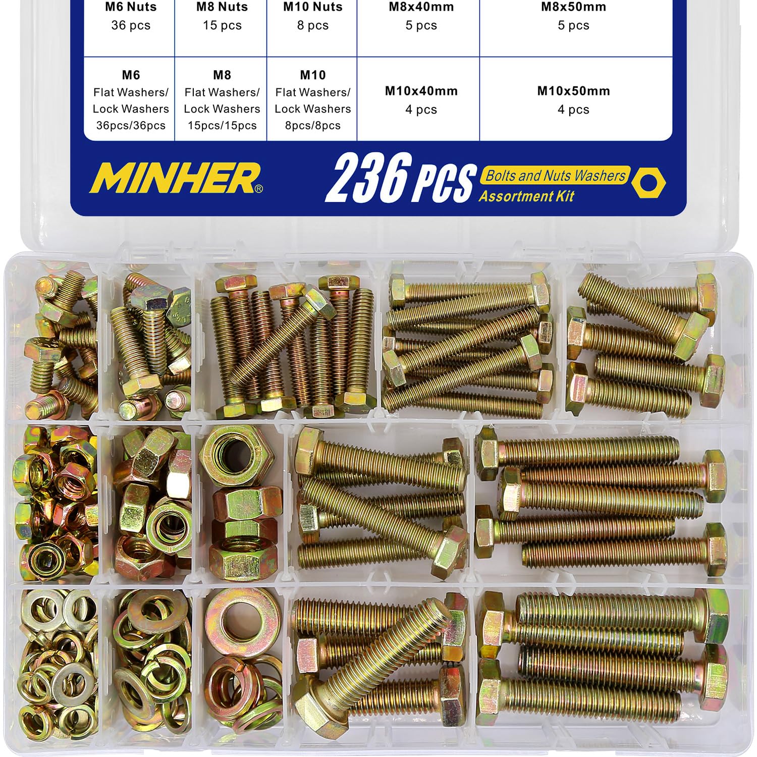 MINHER 236PCS M6 M8 M10 Heavy Duty bolts and nuts Assortment Kit Grade 8.8 Alloy Steel Hex Screws Nuts & Washers kit