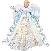 Valery Madelyn Lighted Christmas Tree Topper Angel with Timer, 12 Inch Blue and Silver Fabric Small Angel Tree Topper with Lights for Christmas Tree Decoration Indoor, Battery Operated