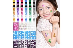Temporary Tattoo Pen for Kids, Temporary Tattoos Kids with 6 Colored Glitter Pens, 86 Stencils, 330 Self Adhesive Gems, Kids 