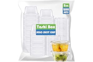 TashiBox Plastic Portion Cups with Lids [2 Ounce, 200 Sets] Disposable Plastic Cups for Meal Prep, Salad Dressing, Jellos Shot Cups, Souffle Cups, Condiment & Dipping Sauce Cups
