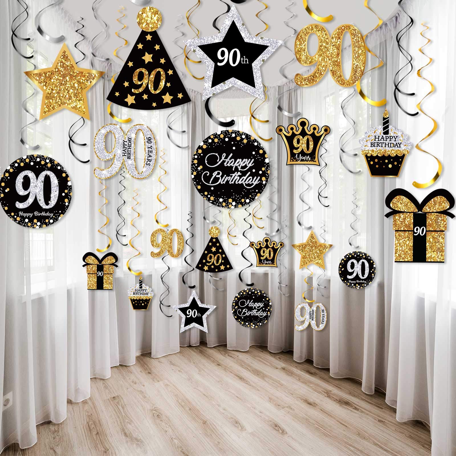 30-Piece 90th Birthday Party Decoration Set - Cards & Hanging Swirls Ceiling Decorations