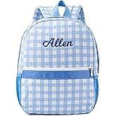 MT WORLD Daycare Backpack Personalized Seersucker Toddler Backpack With Embroidered Name Small Checkered Kids Bookbag for Age 2-4 Child Daily Birthday Christmas Custom Back to School Gifts (Blue)
