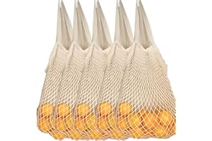 5 Pack Reusable Grocery Bags - 100% Cotton Mesh Produce Bags with Long Handle, Organic Washable Shopping String Net Tote Bag