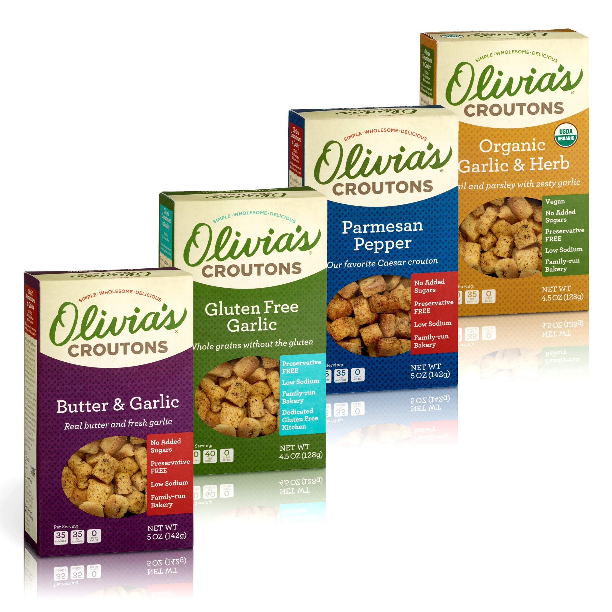 Olivia'sCroutons Variety Pack - Butter & Garlic, Parmesan Pepper, Garlic, Organic Garlic Herb, 4.5 oz. (Pack of 4)