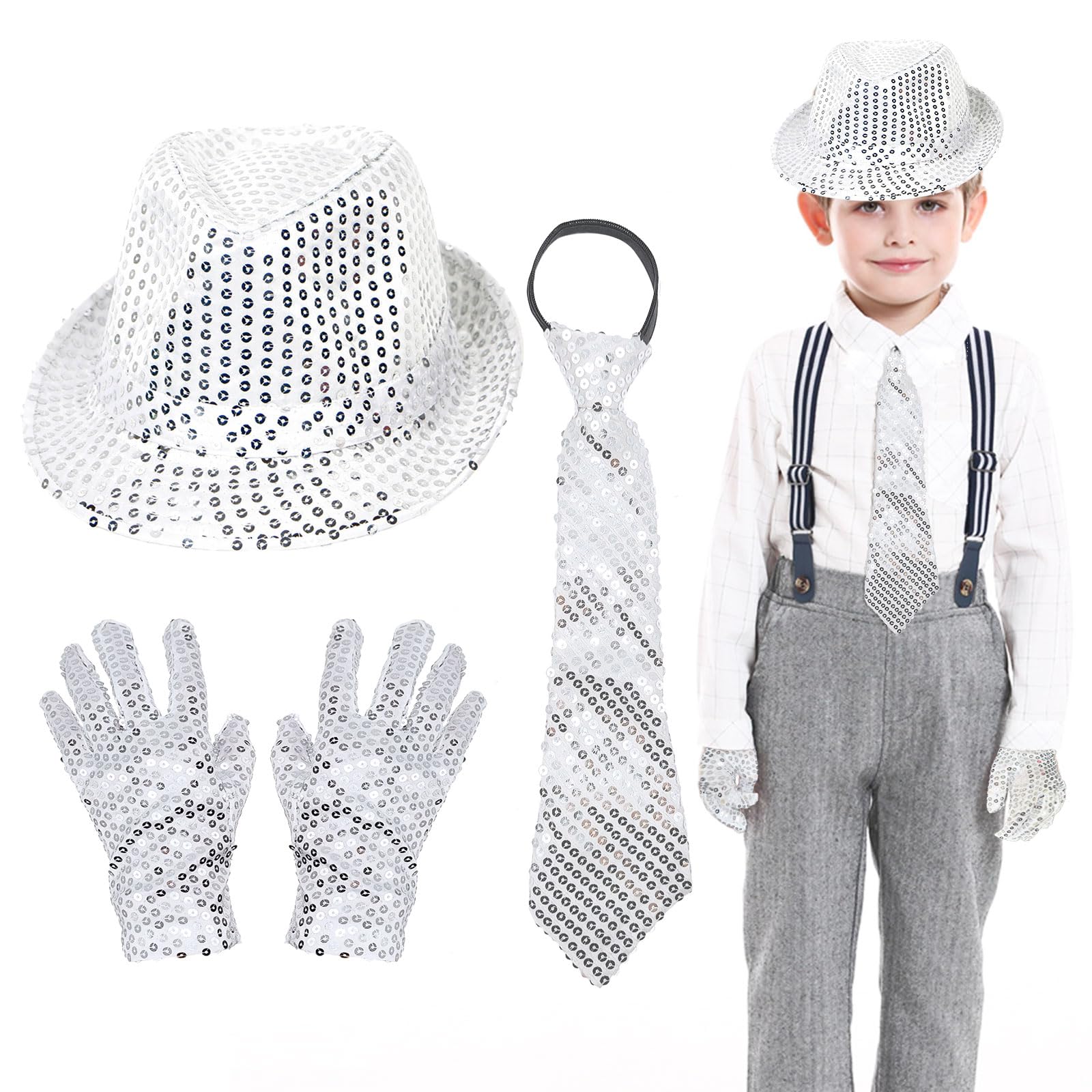 EUPSIIU 3-Piece Jazz Dance Set - Glitter Hat, Gloves & Necktie for Adults & Kids - Disco Costume for Dance Parties (Silver)