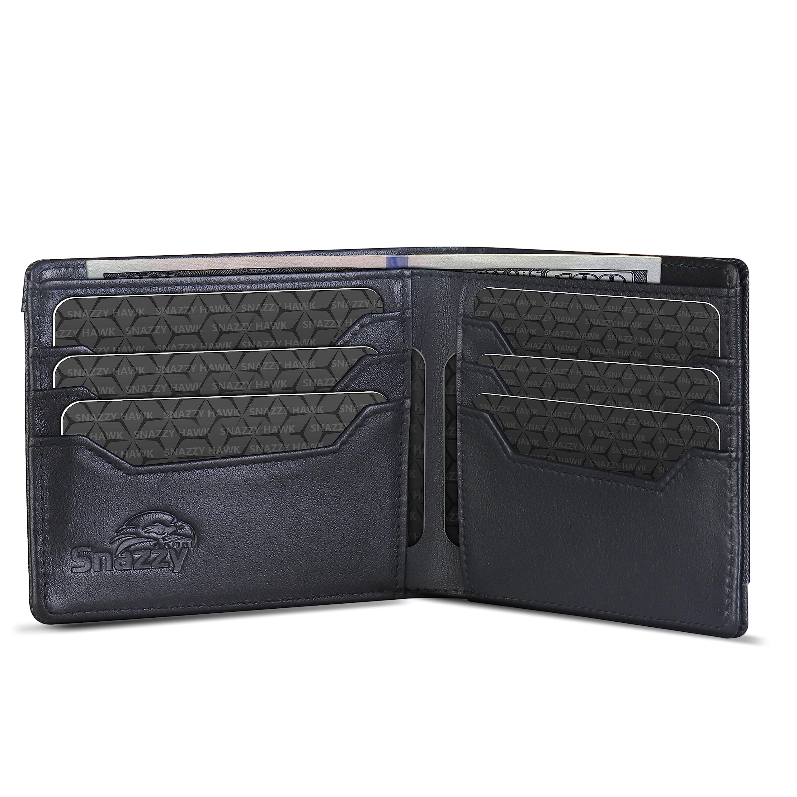 Snazzy Hawk Genuine Leather Mens Wallet - RFID Blocking Credit Card Holder - 8 Cards Slot,1 Banknote Pocket, Minimalist Money Organiser, Slim Wallets for Men UK Black