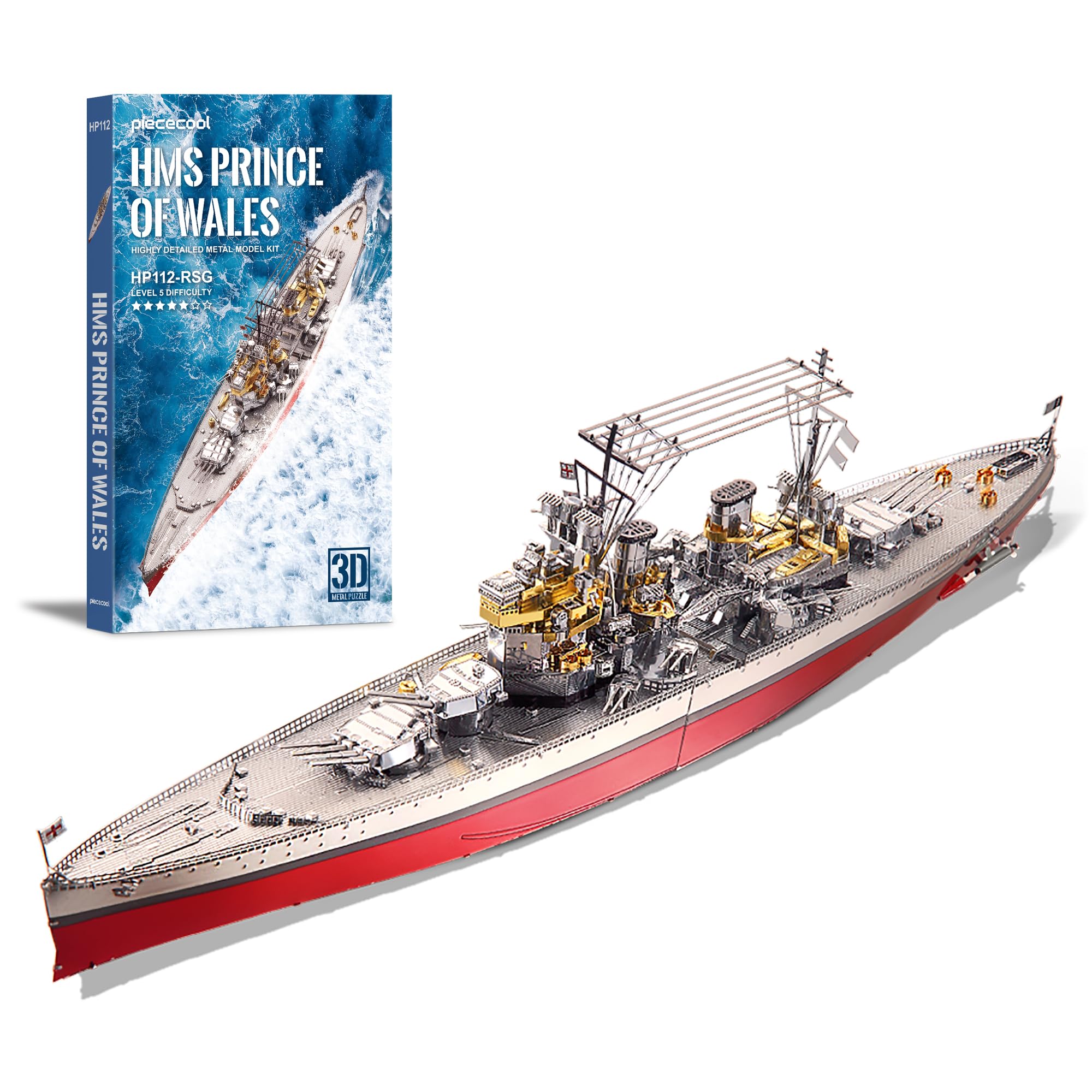 Piececool 3D Puzzle Metal HMS Prince of Wales Battleship, War Machinery Craft Model Kits for Adults to Build, 3D Puzzles Adult Teens for 304 Stainless Steel, Ideal as Gifts, Home Decoration, 282Pieces