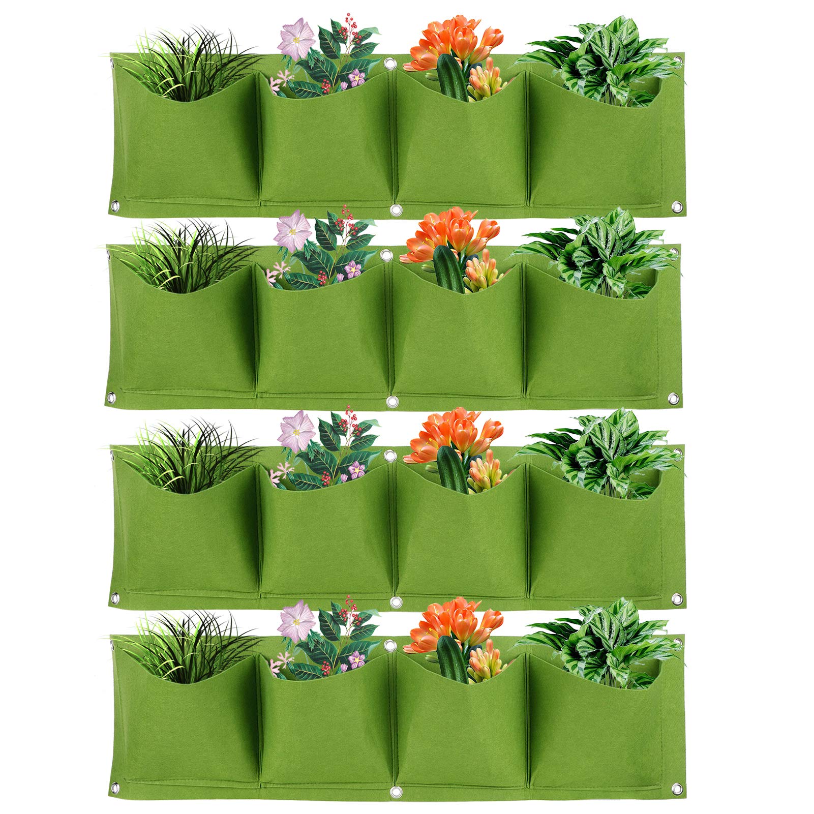 mumisuto 4Pcs Hanging Plant Grow Bags, 16 Pockets Wall Mounted Hanging Planter Vertical Flowerpot Bag Breathable Nonwoven Fabric Grow Bags for Yard Garden Home Decoration