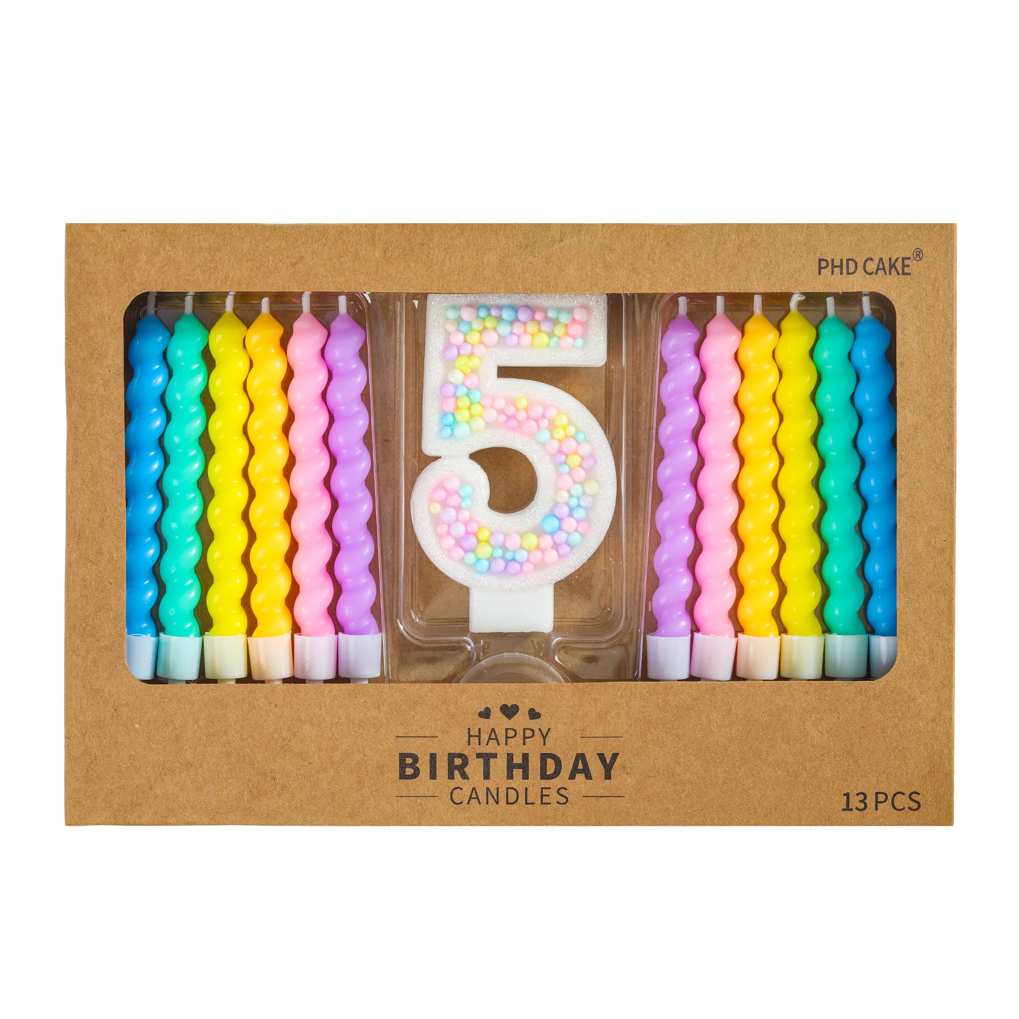 PHD CAKE Number 5 Birthday Candle Macaron Glitter Number Candle with Rainbow Spiral Candles in Holders for Cake Topper, Pastel Sweet Theme Party Decoration