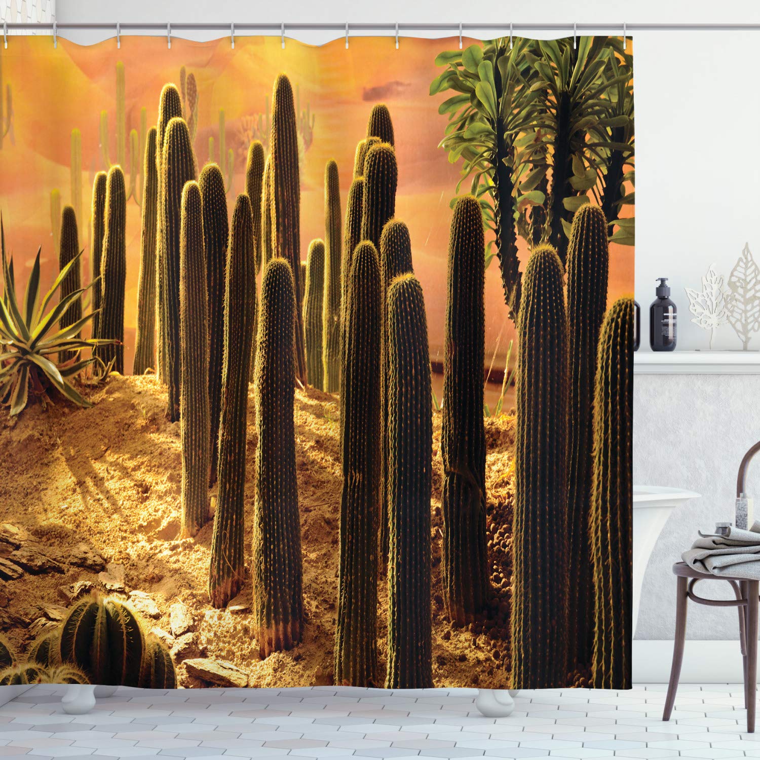 ABAKUHAUS Cactus Shower Curtain, Sunset in The Wild Nature Hot Desert Botanic Mexican Trees Leaves Sand Photo Image, Cloth Fabric Bathroom Decor Set Hooks, 78" Inches, Salmon Green