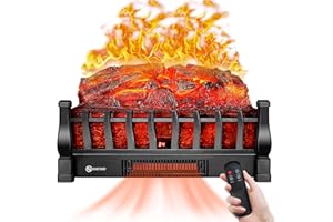 RISEON Electric Fireplace Logs Inserts Heater with Infrared Remote Controller 5 Flame Brightness 24 H Timer Overheating Protection for Home and Office Decor Black