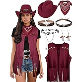 INFLATJOY Cowgirl Costume for Women Retro Fringe Vest Cowboy Outfits Hat Earrings Waist Chain Western Costume