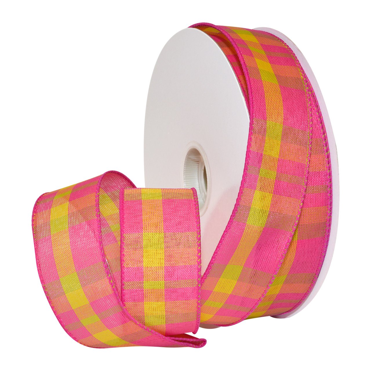Morex Ribbon 7380 Color Chic Plaid Ribbon, 1.5" x 50 Yd, Hot Pink/Bright Yellow