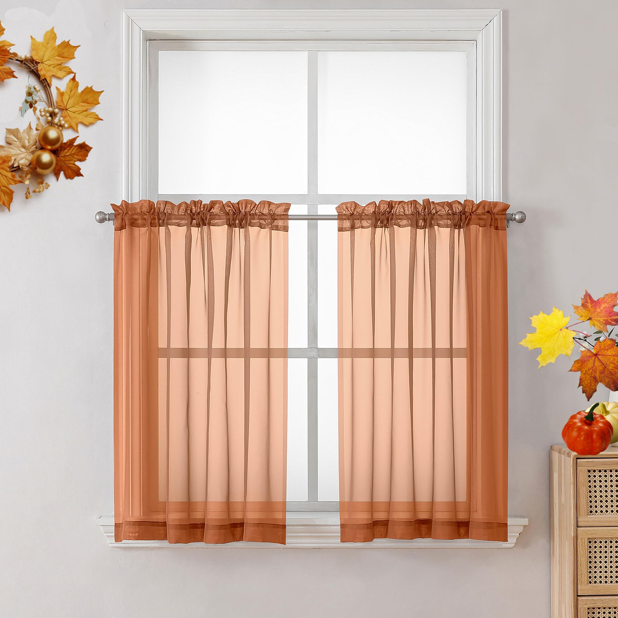 Photo 1 of OVZME Orange Sheer Curtains 36 inches Long, Short Kitchen Window Treatment Solid Sheers Cafe Curtains Bathroom Voile Half Window Panels, Rod Pocket, 42" Wx36 L
