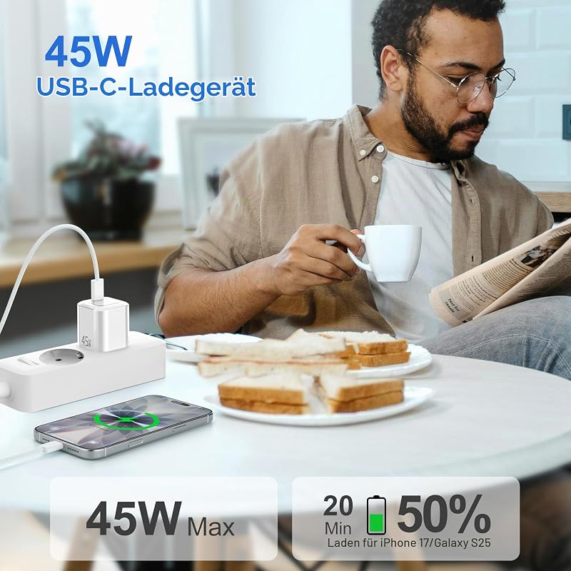 45W Ladegerät USB C Schnellladegerät：GAN PD 3.0 Stecker USB Type C Netzteil mit 1M 60W Typ C Kabel Fast Charger Schnellladen Power Adapter USBC Stecker Ladestecker Für Smartphone Tablets