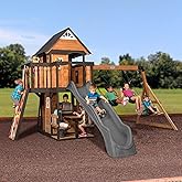 Backyard Discovery Canyon Creek Cedar Wood Swing Set with Wave Slide, Clubhouse, Play Kitchen, Picnic Area, Belt Swings, Web Swing, Rock Wall, Balconies, Playhouse, Step Ladder, Outdoor Playset