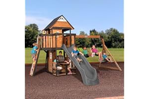 Backyard Discovery Canyon Creek Cedar Wood Swing Set with Wave Slide, Clubhouse, Play Kitchen, Picnic Area, Belt Swings, Web Swing, Rock Wall, Balconies, Playhouse, Step Ladder, Outdoor Playset