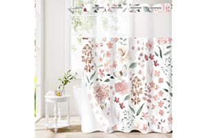 Litabel No Hook Pink Watercolor Floral Shower Curtain and Liner Set, Pink Flower Shower Curtains with Snap in Liner for Farmhouse Bathroom Decor, Modern Botanical Bathroom Curtain with Leaves, 72x74