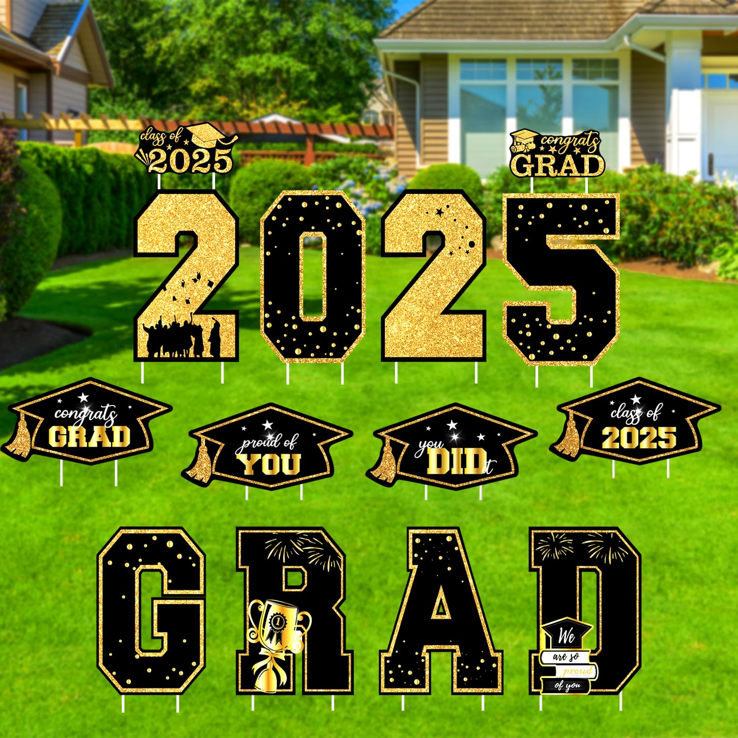 Photo 1 of 14Pcs Large Graduation Decorations 2025 Yard Signs, Class of 2025 Yard Signs with Stakes for School & College Party, Black and Gold
