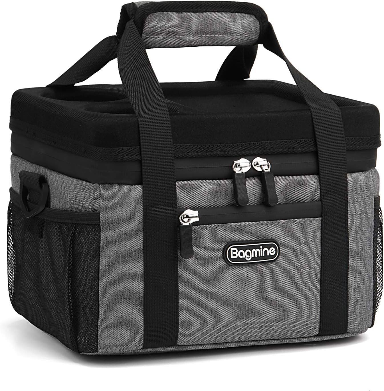 Bagmine Insulated Lunch Bag, Thermal Cooler Small Picnic Box with Tray Top & Shoulder Strap, Seamless Lining Leak-Proof & Waterproof Outside, 8 Liter, Gray