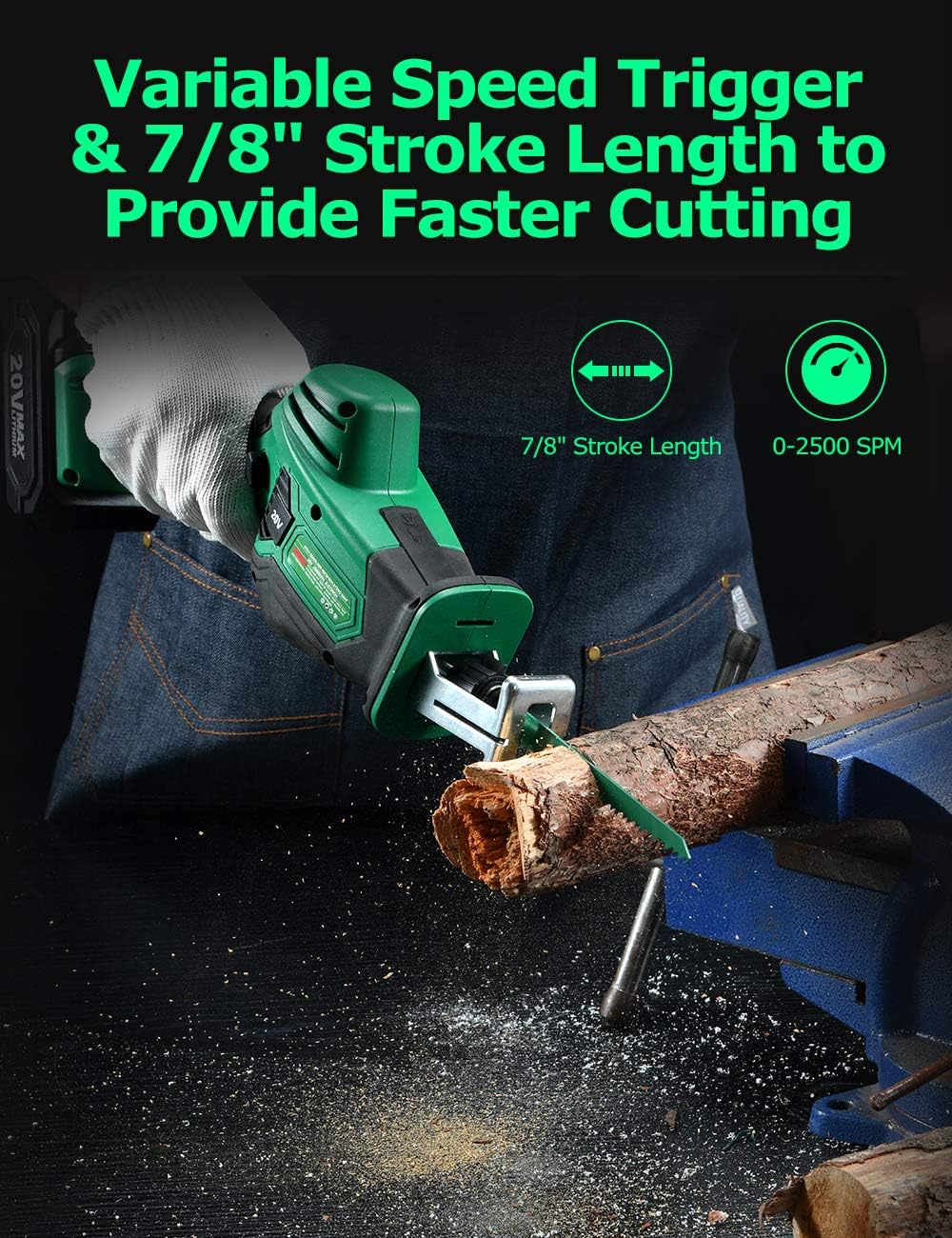 KIMO 20V Cordless One-handed Reciprocating Saw w/Clamping Claw for Smooth Cuts, 2.0Ah Li-ion Battery, 7/8" Stroke Length, 6 Saw Blades for Wood/Metal/PVC Pipe Cutting, Tree Trimming, Demolition - - 