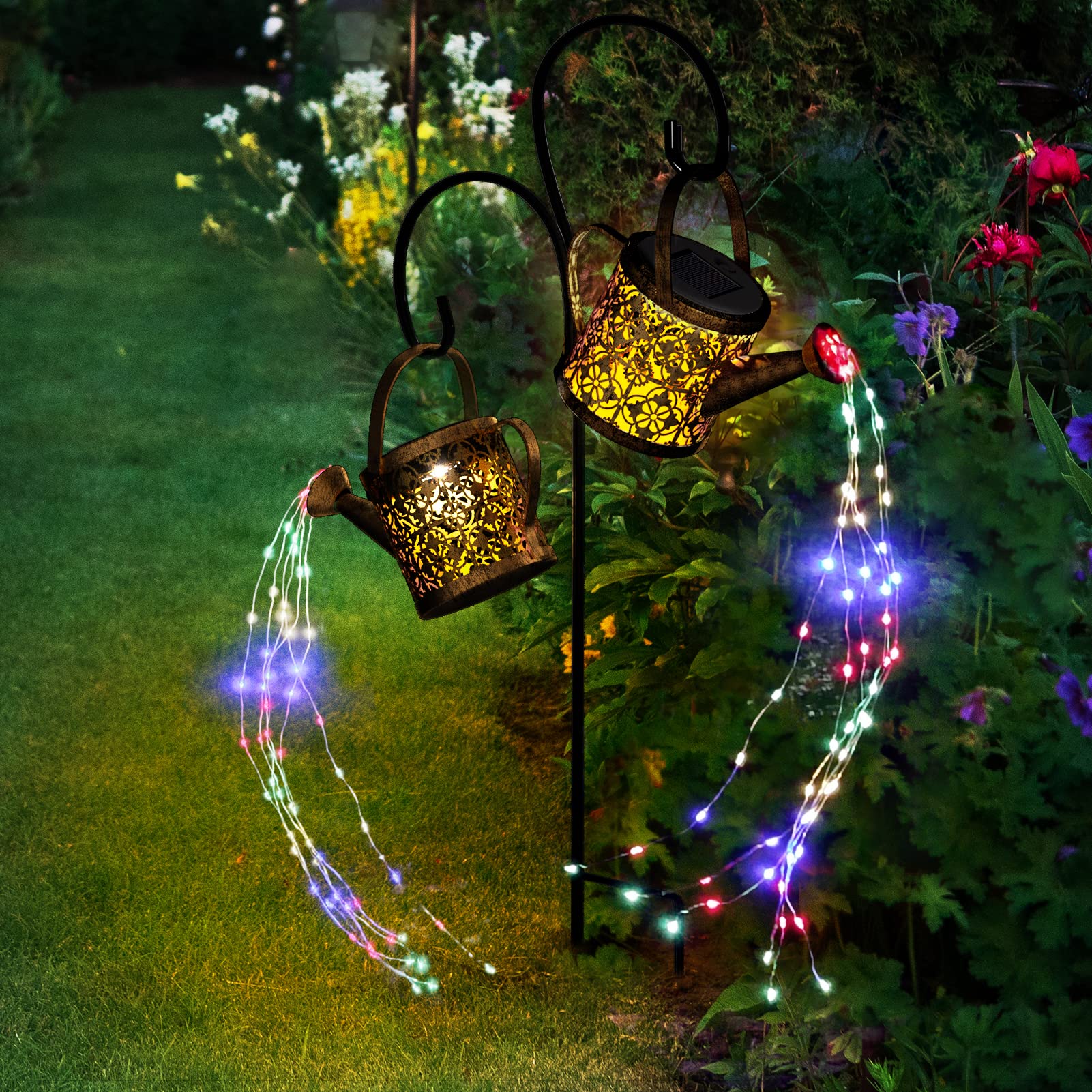 K KERNOWO Solar Watering Can Light, 2 Pack Garden Ornaments Outdoor Decorations Watering Can Solar Lights IP65 Waterproof Metal Pathway Lighting with String Lights & Shepherd Hook