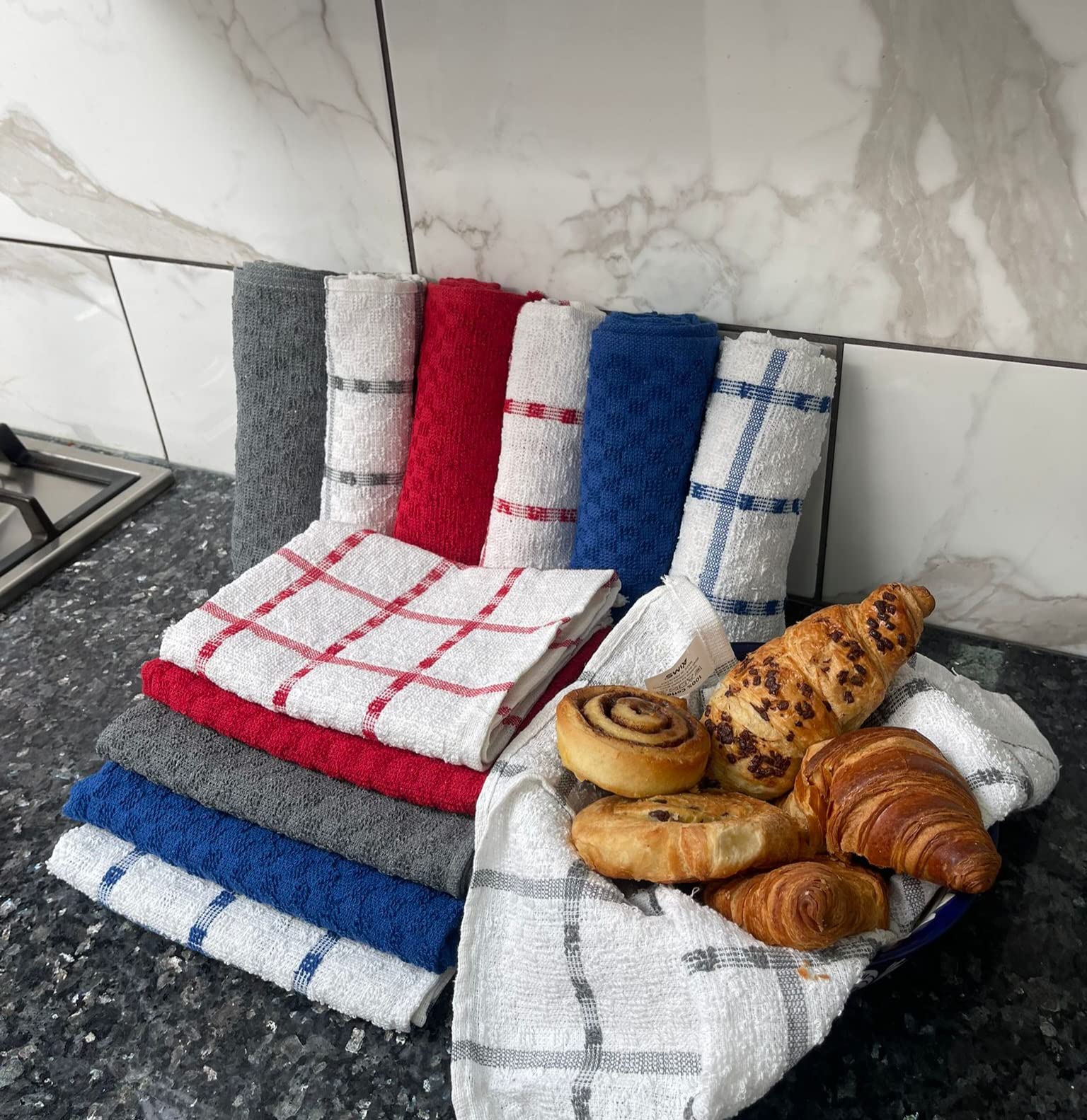Terry Tea Towel 100% Combed Ring Spun Egyptian Cotton Kitchen Towels Jumbo Size (45 x 70 cm) Super Absorbent Quick Dry Professional Grade Lint Free Fade Resistant Restaurant Bar Glass (Pack of 8)