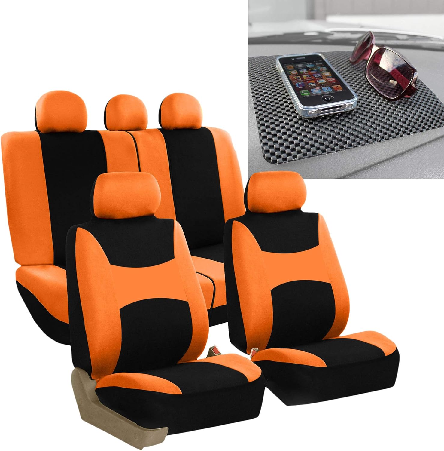 FH Group FB030115 Light & Breezy Cloth Seat Cover Set Airbag & Split Ready, Orange/Black FH1002 Non-Slip Dash Grip Pad- Fit Most Car, Truck, SUV, or Van