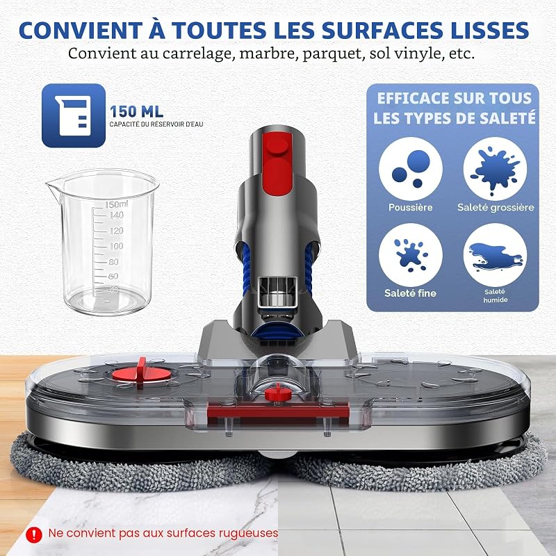 Tête de Vadrouille Electrique pour Dyson V7/V8/V10/V11/V15 Tête de Balai Électrique avec Réservoir d'eau Amovible, Réservoir de Remplissage et 8 Vadrouille Lavable pour Parquet Sols Durs