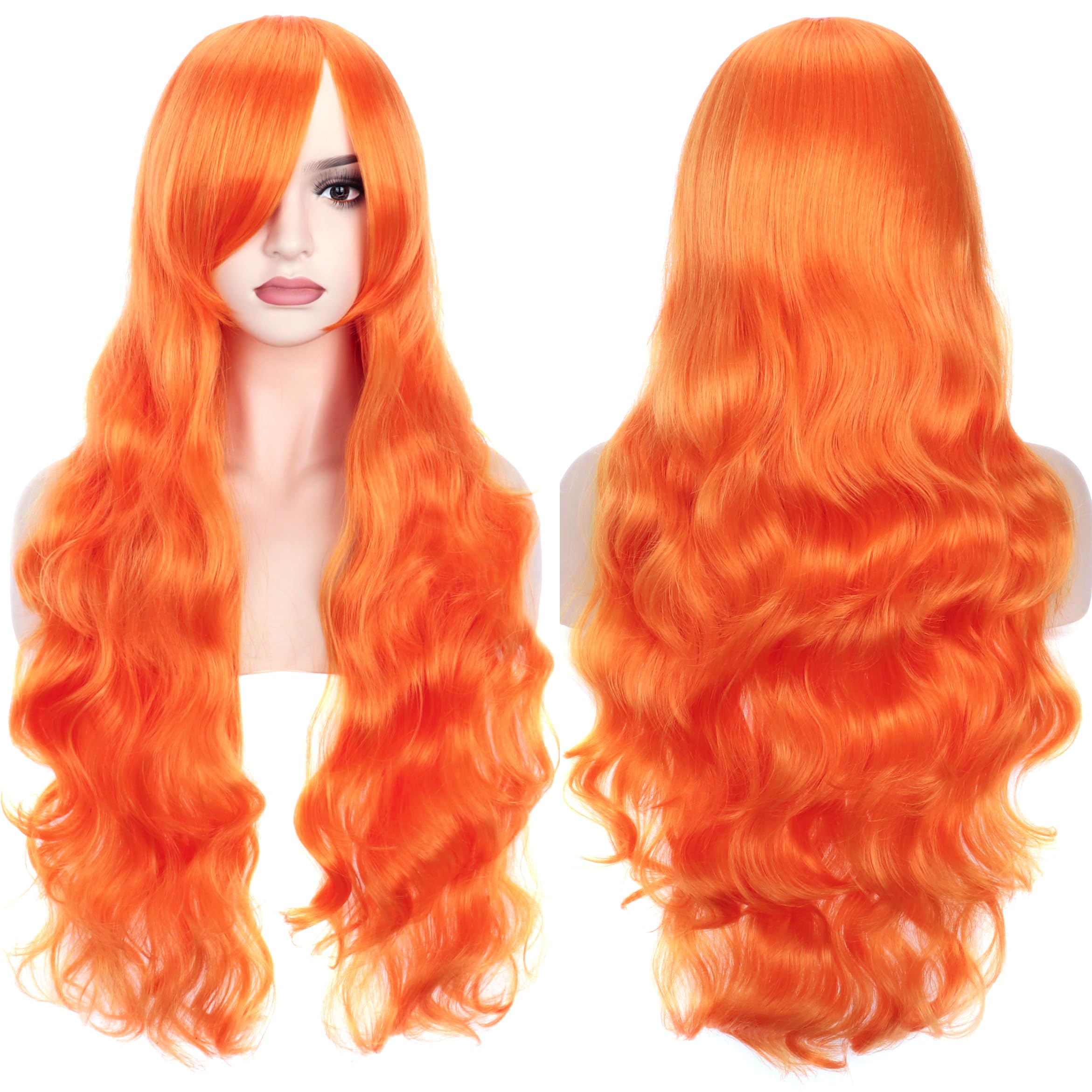 YEESHEDO 32" 80 cm Orange Long Wavy Curly Hair Cosplay Wigs with Bangs for Women Girls Heat Resistant Synthetic Wig for Party Costume Anime Halloween (Bright Orange)