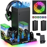 Auto Cooling Fan and Charge Stand Accessories for Xbox Series X Console with 15 Light Modes, Wireless Dual Charger Dock for XSX Controller, 2* Rechargeable Batteries, Headset Stand & Game Disc Storage (Black)
