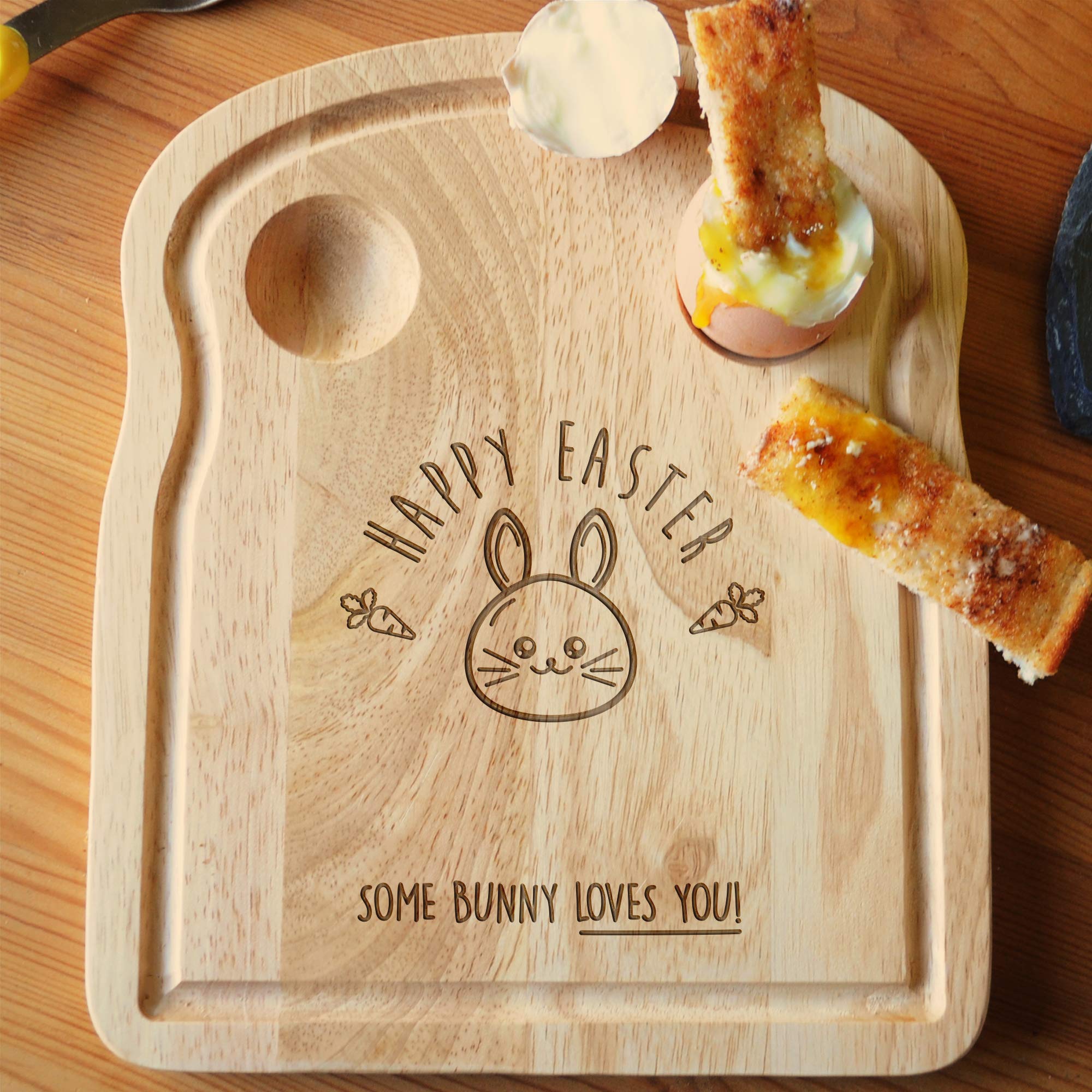 eBuyGB Happy Easter Breakfast Board, Some Bunny Loves You, Toast Shaped Egg & Soldiers Serving Board, Dippy Eggs and Toast, Easter Bunny Egg Cup, Easter Rabbit Board, Easter Gift for Kids, Children, brown