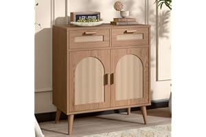 Vabches Kitchen Storage Cabinet with Barn Door, Rattan Sideboard Buffet with Storage Drawers, Rattan Kitchen Cabinet with Drawers for Dining Room, Living Room, EntryWay