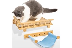 Yangbaga Cat Hammock with Scratching Pad and Bamboo Bed, Wall Mounted Cat Shelves, Brown