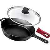 Pre-Seasoned Cast Iron Skillet (10-Inch) with Glass Lid and Handle Cover Oven Safe Cookware - Heat-Resistant Holder - Indoor