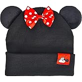 Disney Minnie Mouse Beanie Hat, Faux Fur Cuffed Winter Knit Cap with 3D Ears and Bow, Black, One Size