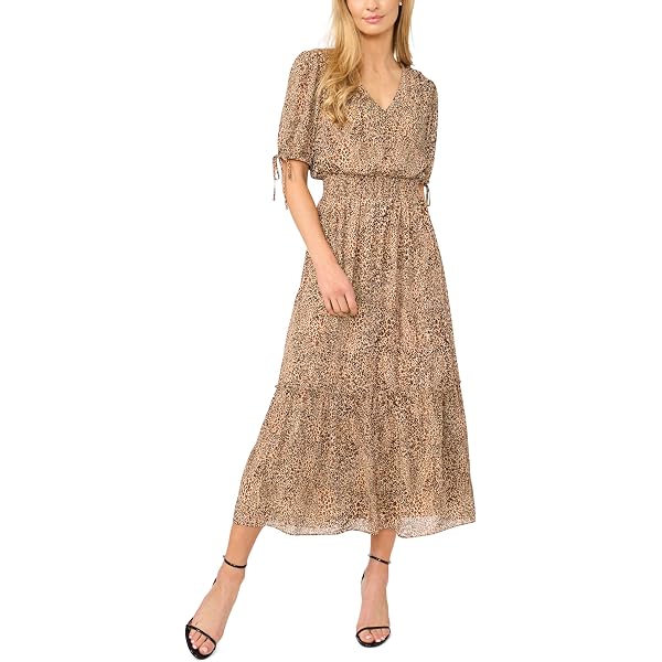 CeCe Flutter Sleeve Smocked Waist Midi Dress Rich Black at Amazon Women's  Clothing store