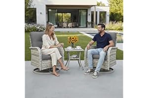 Sweecci 3-Piece Small Patio Furniture Set, Outdoor Swivel Rocking Chairs Set with Wicker Chairs and Tempered Glass Side Table, Outdoor Furniture Patio Bistro Set for Balcony, Deck, Porch