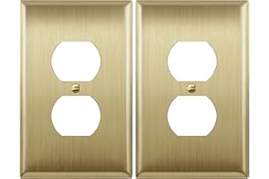 LIDER Duplex Receptacle Metal Wall Plate, Stainless Steel Outlet Cover, Corrosion Resistant, Mid-Size 1-Gang 4.88" x 3.11", 201 Stainless Steel, UL Listed, LMWP-21M-BB2P, Brushed Brass, 2 Pack