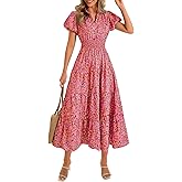 Wenrine Womens Summer Floral Maxi Dress Casual V Neck Puff Short Sleeve Smocked Loose Boho Beach Dresses with Pockets