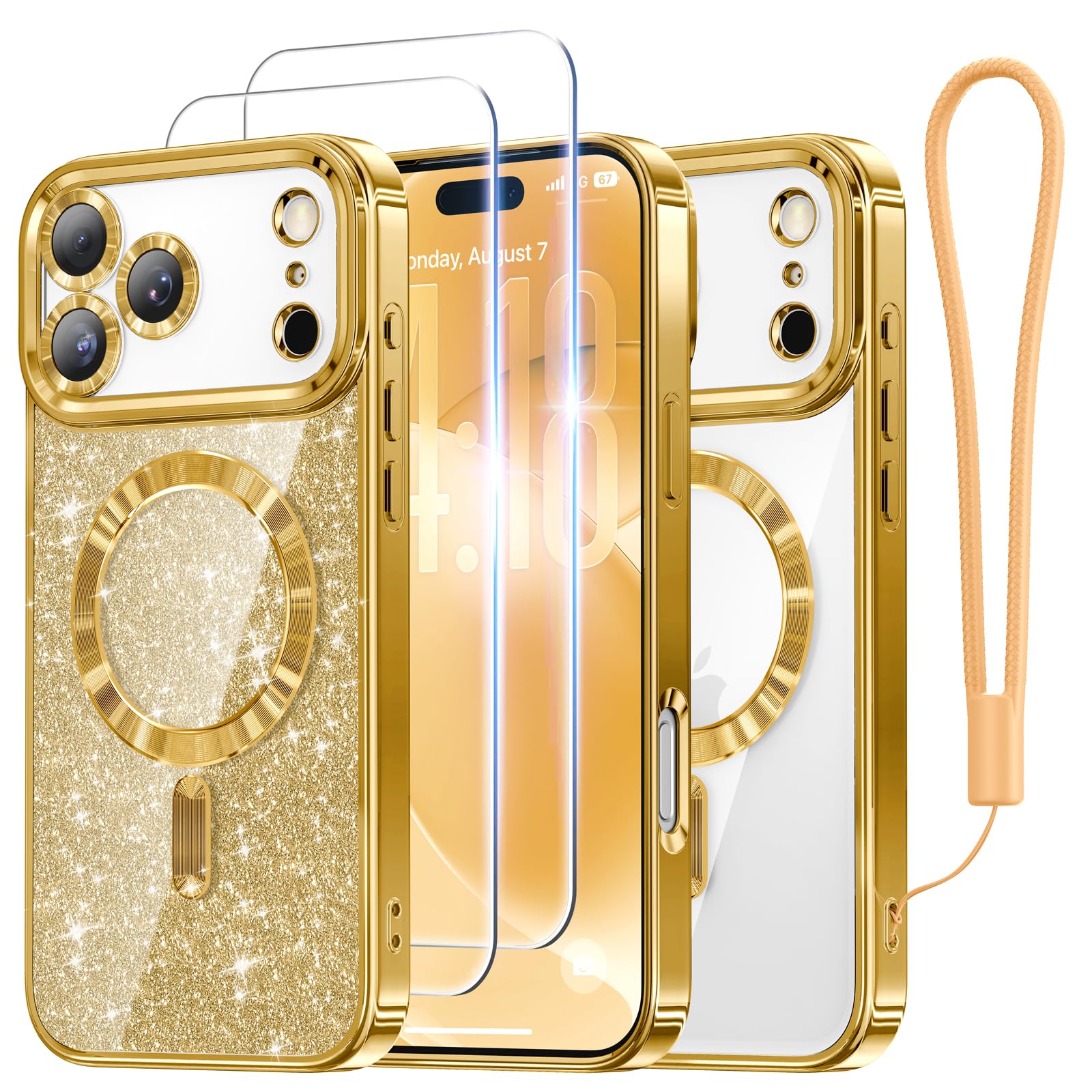 Photo 1 of Meifigno Designed for iPhone 17 Pro Max Case 6.9", [Glitter Card & Wrist Strap] [Compatible with MagSafe] [2X HD Screen Protectors] Surround Raised Lens Protection for 17 ProMax Phone Case, Gold