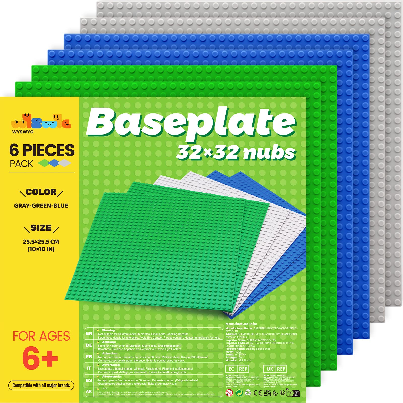 WYSWYG 6PCS Classic Base plates,10''x10'' Building Board BasePlate,Compatible with All Major Brands,Green Blue Grey (S003)