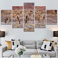 SIGNWIN 5 Panel Canvas Wall Art Modern Art Animals Dramatic Giraffe Lion Multicolor Photography Southwest for Home Decorations Ready to Hang - 60