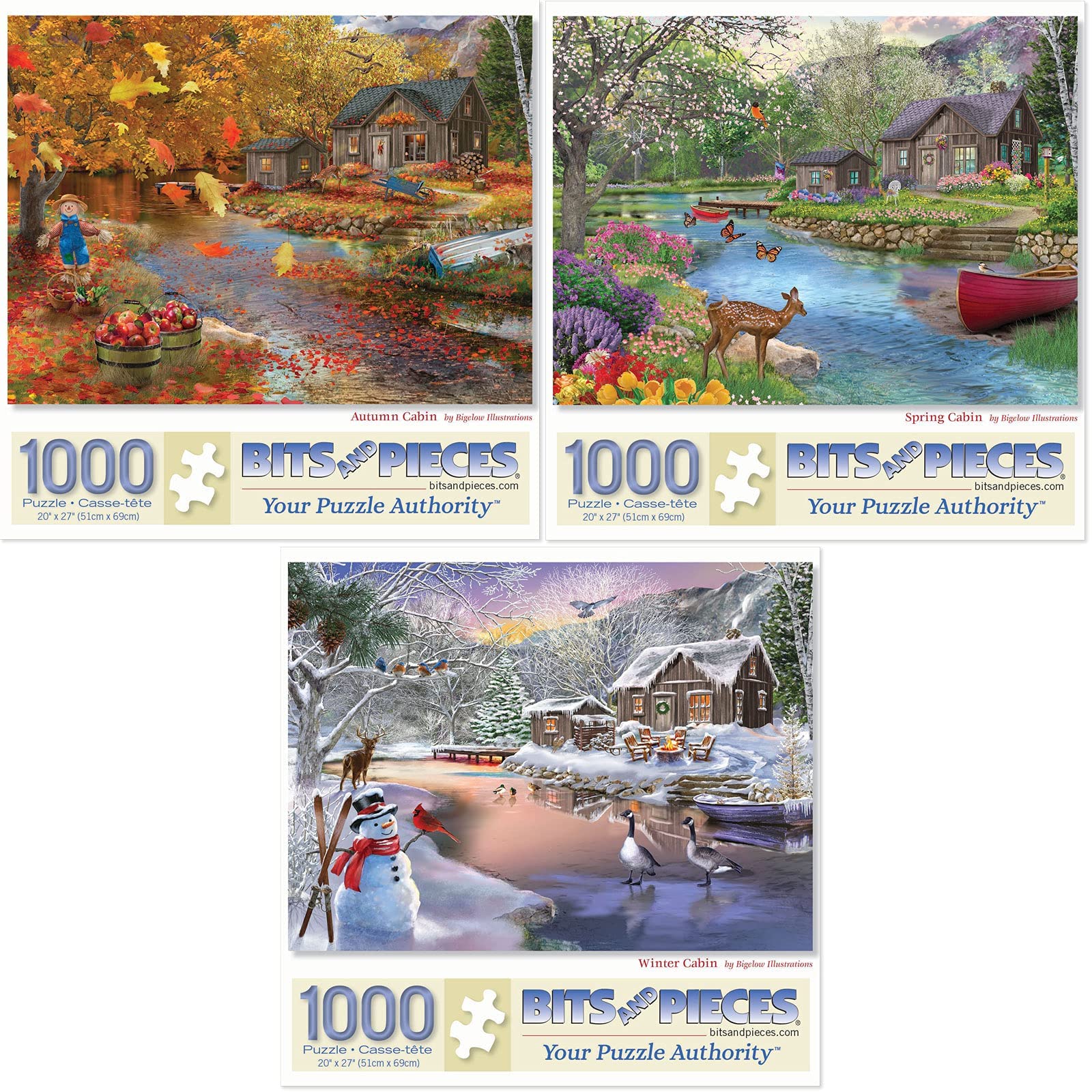 Bits and Pieces - Value Set of Three (3) 1000 Piece Jigsaw Puzzles for Adults - Each Puzzle Measures 51cm x 69cm- Autumn, Spring, Winter Cabin Jigsaws by Artist Bigelow Illustrations