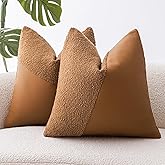 SINYASAN Boucle Throw Pillow Covers 18"x18" Set of 2, Tobacco Decorative Textured Couch Cushion Covers with Faux Leather Patchwork, Boho Farmhouse Accent Pillowcases for Organic Aesthetic Home Decor