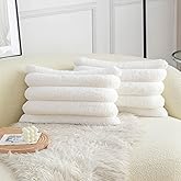 Neelvin Cream White Faux Fur Cozy Soft Striped Decorative Throw Pillow Covers 12x20 inch Set of 2,Velvet Pillowcase Cushion Case for Sofa Couch