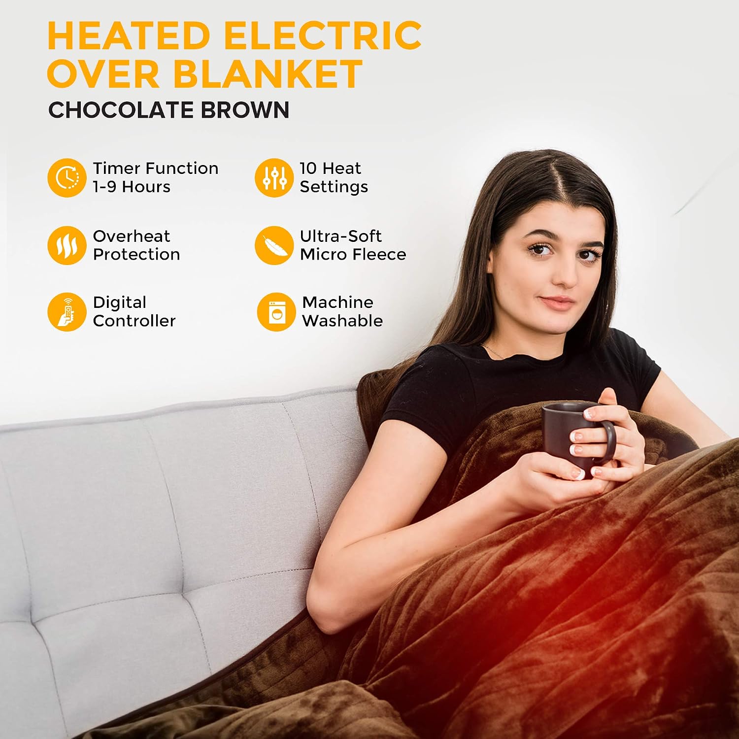 LIVIVO Electric Heated Blanket, 160x130cm, Ultra Soft Fleece Electric Over Blanket Throw with 9 Heat Settings, Timer - Image 3